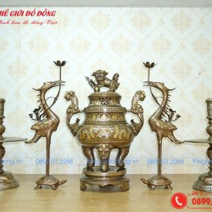 bộ ngũ sự rồng đồng đỏ khảm tam khí cao 60cm