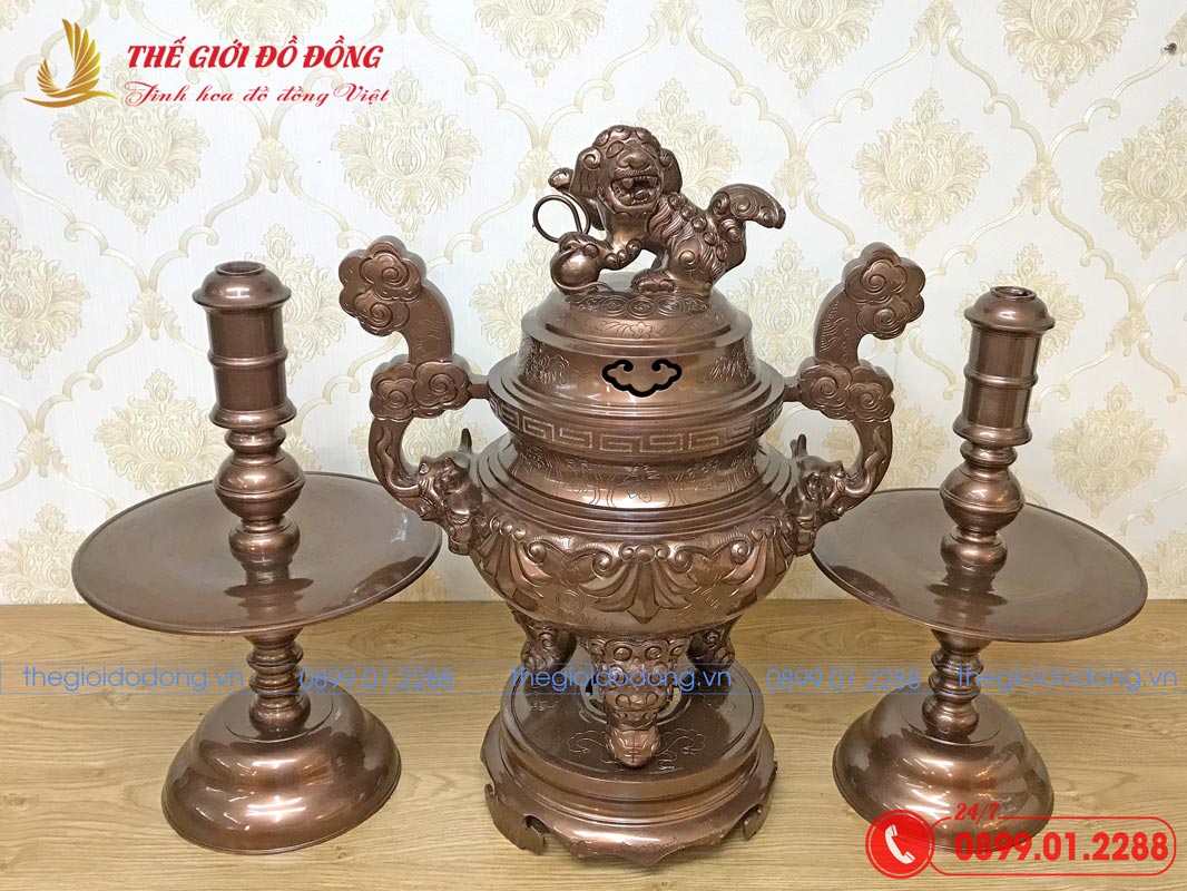 bộ tam sự đỉnh nến họa tiết sòi đồng đỏ cao 60cm - 02