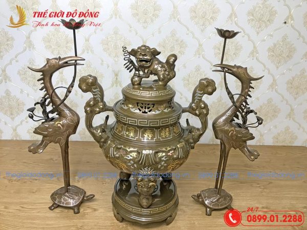 bọ tam sự hạc họa tiết sòi đồng đỏ khảm tam khí cao 60cm-03