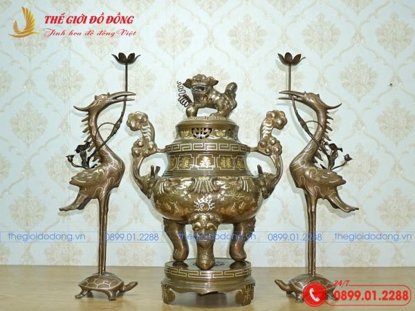 bộ tam sự hạc họa tiết sòi đồng đỏ khảm tam khí cao 60cm-01