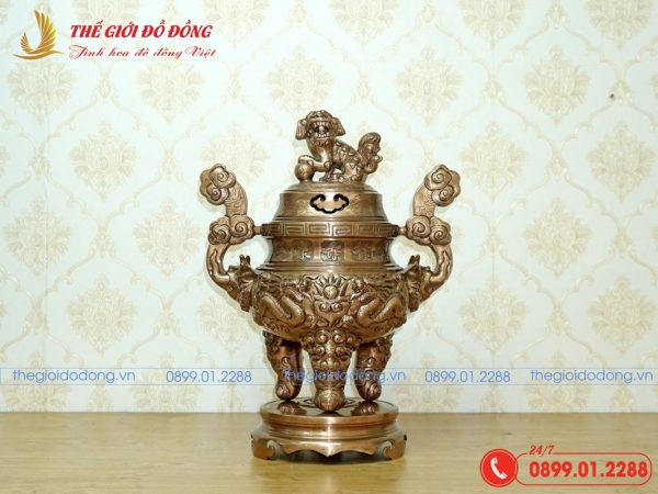 đỉnh đồng thờ cúng đồng đỏ họa tiết rồng cao 60cm - 01