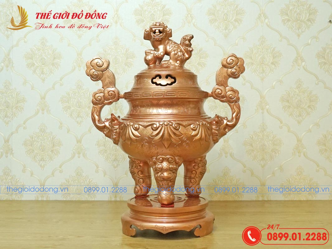 đỉnh đồng thờ cúng họa tiết sòi đồng đỏ nguyên bản - 01