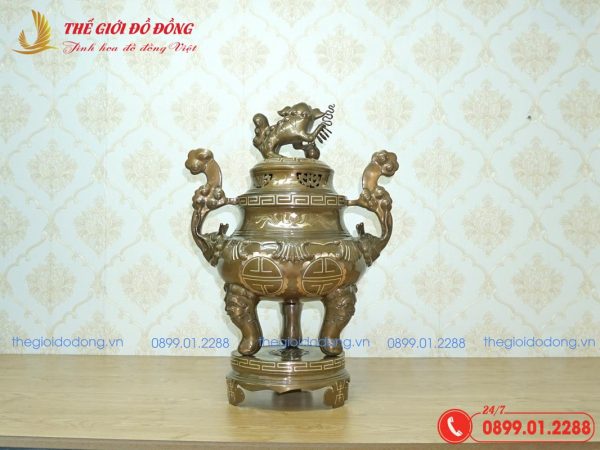 đỉnh đồng thờ cúng họa tiết sòi khảm tam khí cao 60cm - 04