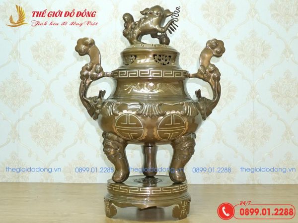 đỉnh đồng thờ cúng họa tiết sòi khảm tam khí cao 60cm - 05