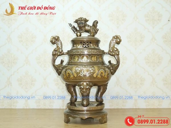 đỉnh đồng thờ cúng khảm long phụng đồng đỏ cao 60cm-01