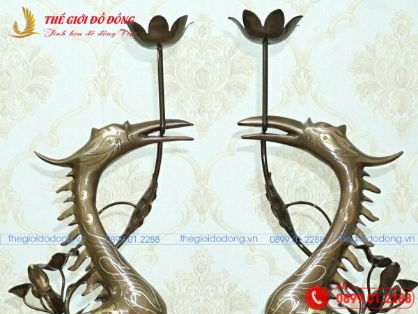 đôi hạc thờ bằng đồng đỏ khảm tam khí cao 50cm-03