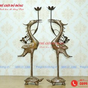 đôi hạc thờ bằng đồng đỏ khảm tam khí cao 50cm-01