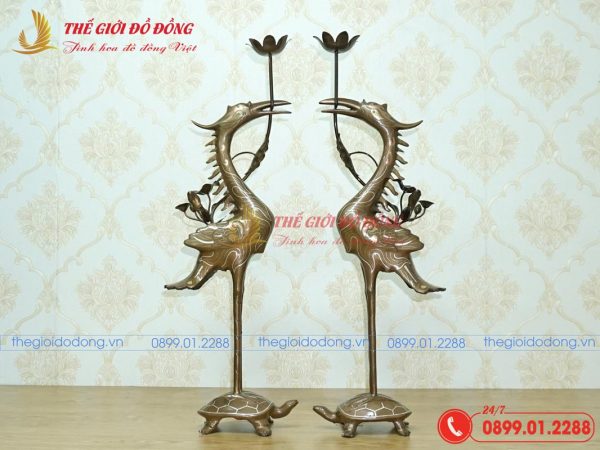 đôi hạc thờ bằng đồng đỏ khảm tam khí cao 50cm-01