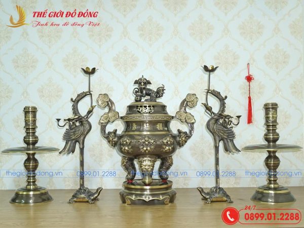 bộ ngũ sự hoa văn dơi đào màu xanh cạo cao 60cm- 01