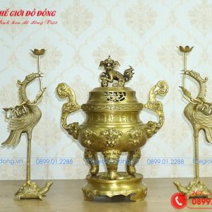 bộ tam sự hạc hoa văn dơi đào màu vàng đậm cao 50cm - 01