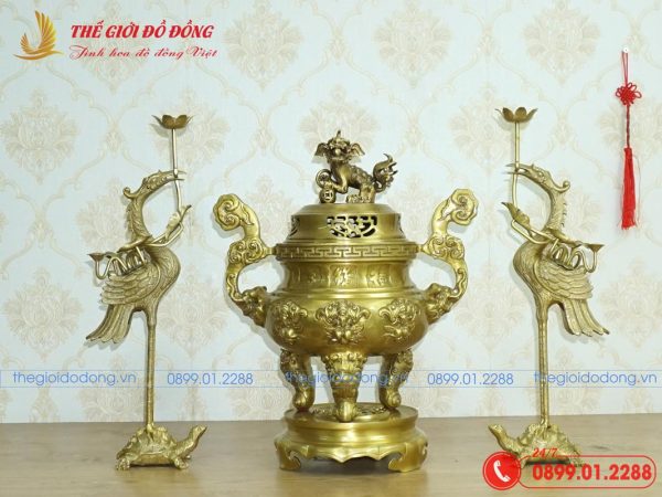 bộ tam sự hạc hoa văn dơi đào màu vàng đậm cao 50cm - 01