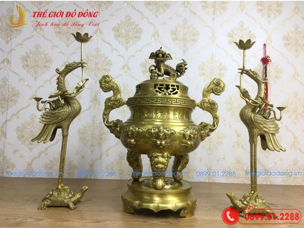 bộ tam sự hạc hoa văn dơi đào màu vàng đậm cao 50cm - 03