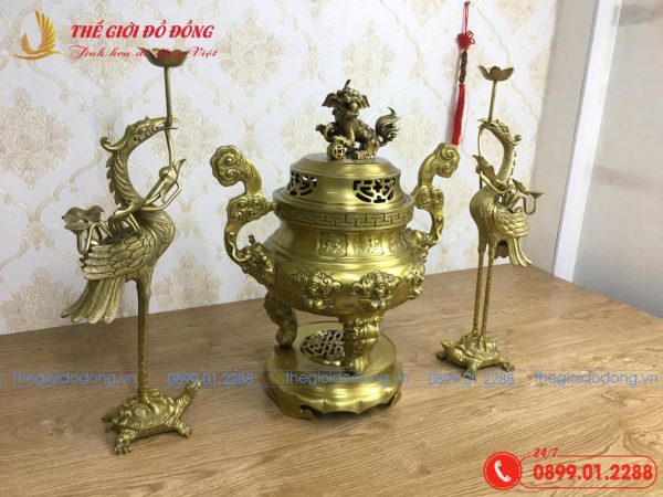 bộ tam sự hạc hoa văn dơi đào màu vàng đậm cao 50cm - 04