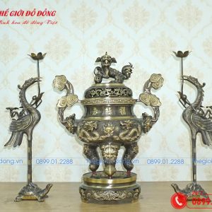 bộ tam sự hạc hoa văn rồng màu xanh cạo cao 60cm - 01