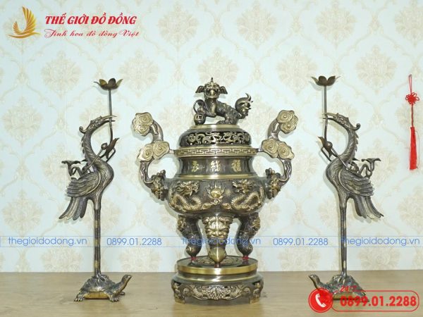 bộ tam sự hạc hoa văn rồng màu xanh cạo cao 60cm - 01