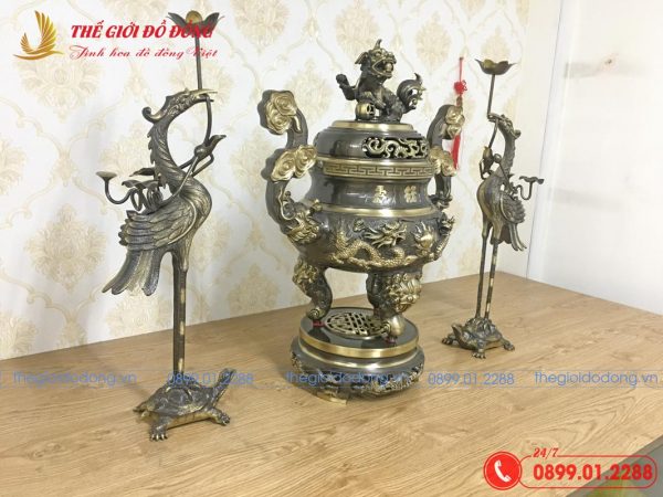 bộ tam sự hạc hoa văn rồng màu xanh cạo cao 60cm - 03