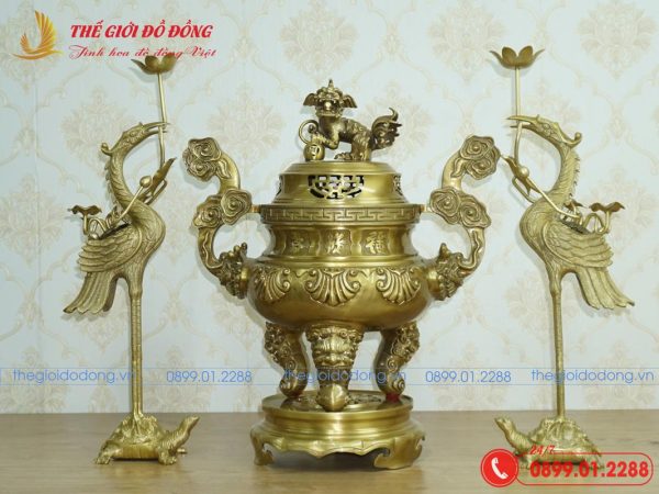 bộ tam sự hạc hoa văn sòi màu vàng đậm cao 60cm 01