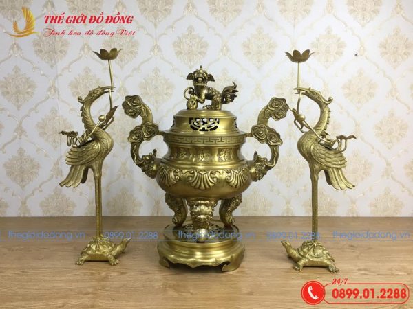 bộ tam sự hạc hoa văn sòi màu vàng đậm cao 60 cm - 02