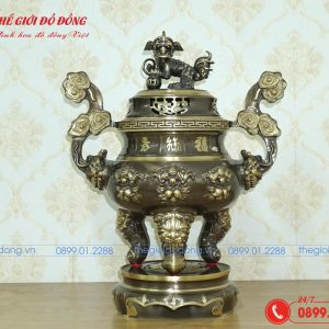 đỉnh đồng thờ cúng họa tiết dơi đào màu xanh cạo cao 60cm - 01