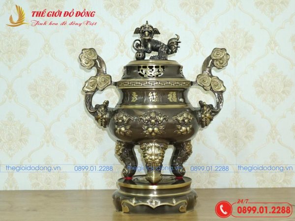 đỉnh đồng thờ cúng họa tiết dơi đào màu xanh cạo cao 60cm - 01