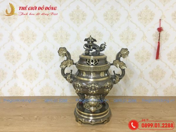 đỉnh đồng thờ cúng họa tiết dơi đào màu xanh cạo cao 60cm - 03