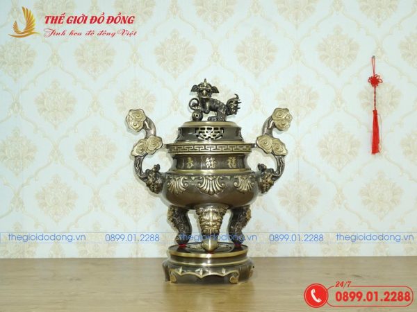 đỉnh đồng thờ cúng họa tiết hoa sòi màu xanh cạo cao 60 cm - 01