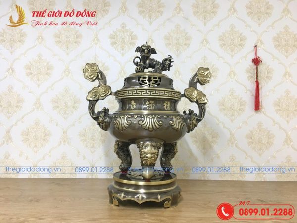 đỉnh đồng thờ cúng họa tiết hoa sòi màu xanh cạo cao 60 cm - 04