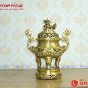 đỉnh đồng thờ cúng họa tiết rồng màu vàng đậm cao 50cm - 01