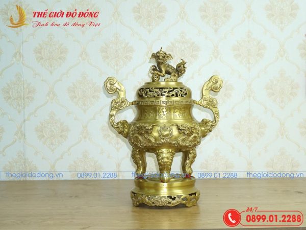 đỉnh đồng thờ cúng họa tiết rồng màu vàng đậm cao 50cm - 01