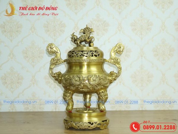 đỉnh đồng thờ cúng họa tiết rồng màu vàng đậm cao 50cm - 04