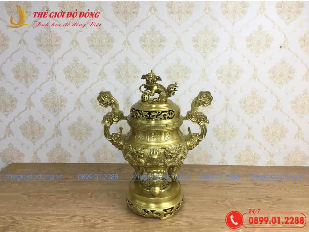 đỉnh đồng thờ cúng họa tiết rồng màu vàng đậm cao 60cm - 03 