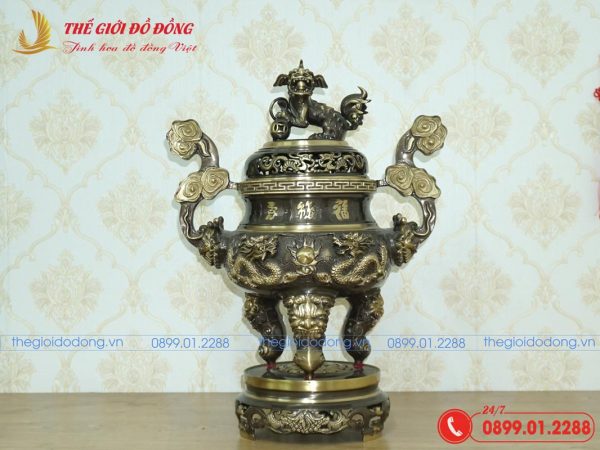 đỉnh đồng thờ cúng họa tiết rồng màu xanh cạo cao 60cm - 01