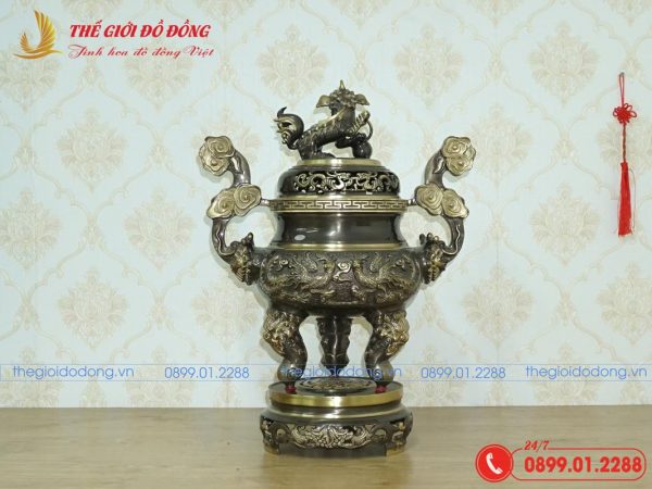 đỉnh đồng thờ cúng họa tiết rồng màu xanh cạo cao 60cm - 02