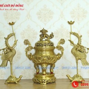 bộ tam sự hạc đỉnh rồng cao 40cm màu vàng đậm 01