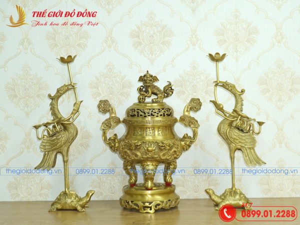 bộ tam sự hạc đỉnh rồng cao 40cm màu vàng đậm 01