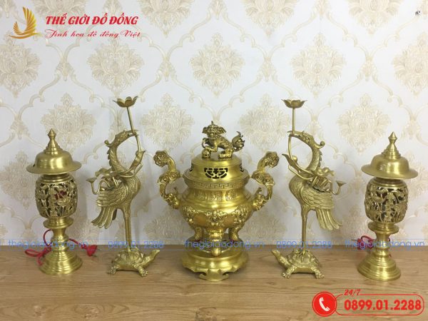 bộ đồ thờ 5 món đỉnh dơi đào màu vàng đậm cao 40cm - 03